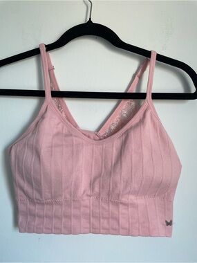 Jessica Simpson Pink Ribbed Lace-Trim Bralette